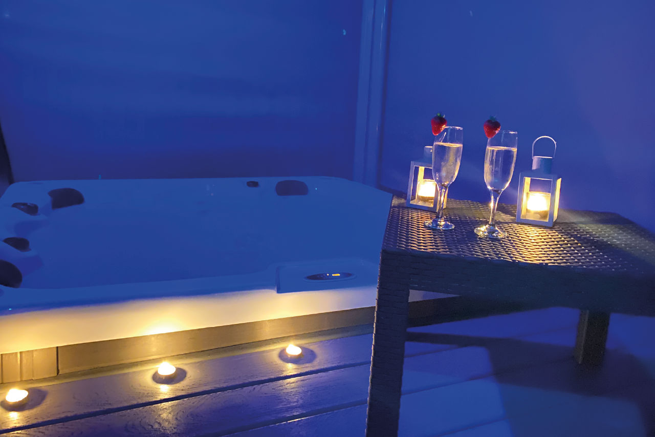 Hot tub at night lodge with hot tub Yorkshire, Staycation holiday and family UK break