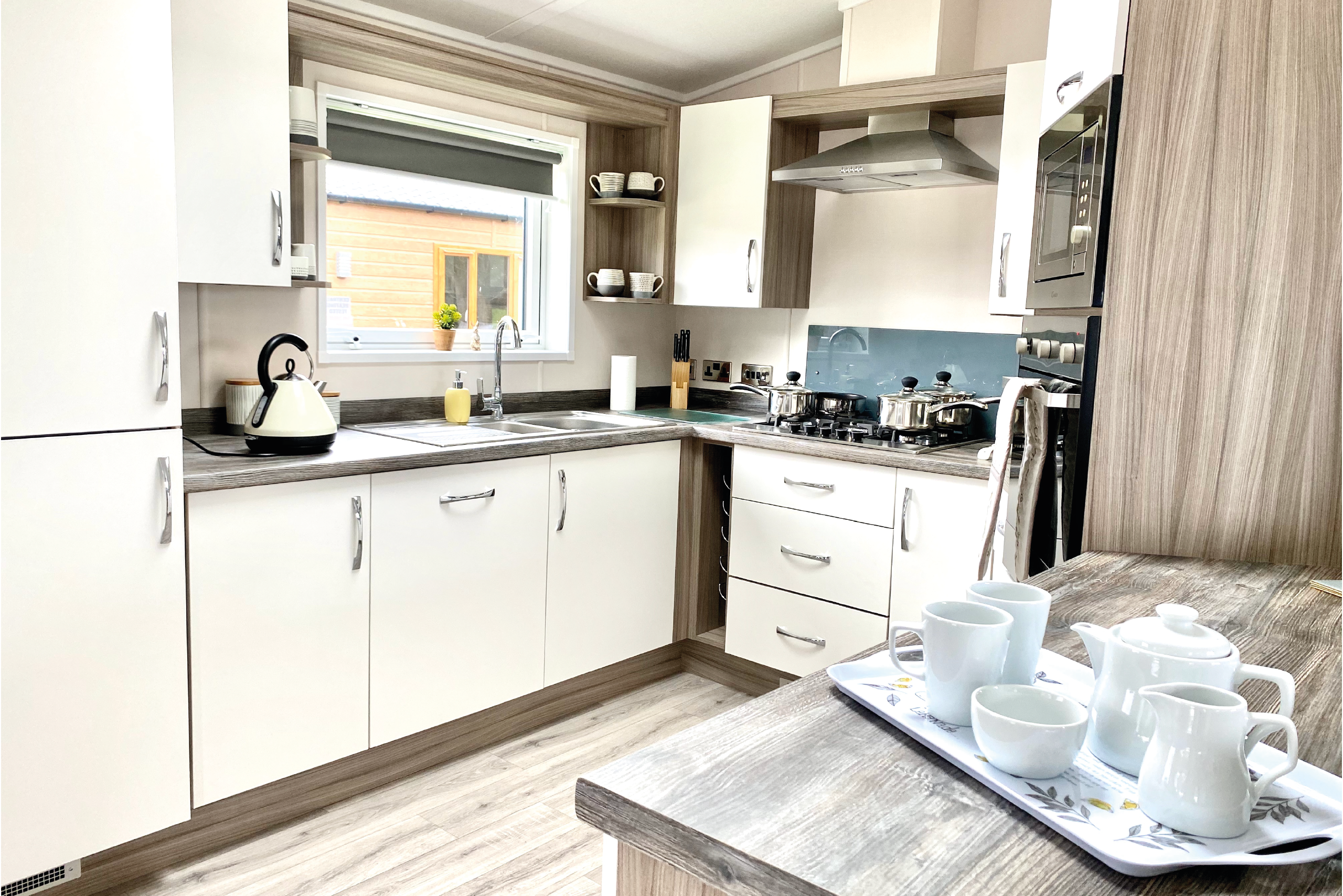 Kitchen, full size fridge, oven, hob, microwave at the Yorkshire burrow lodge with hot tub Yorkshire, Staycation holiday and family UK break