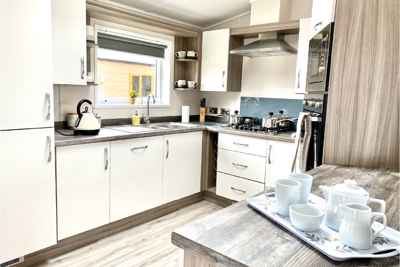 Kitchen, full size fridge, oven, hob, microwave at the Yorkshire burrow lodge with hot tub Yorkshire, Staycation holiday and family UK break